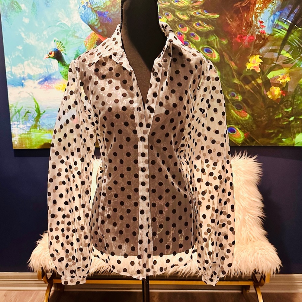 New York & Company Black Polka Dot Sheer Blouse